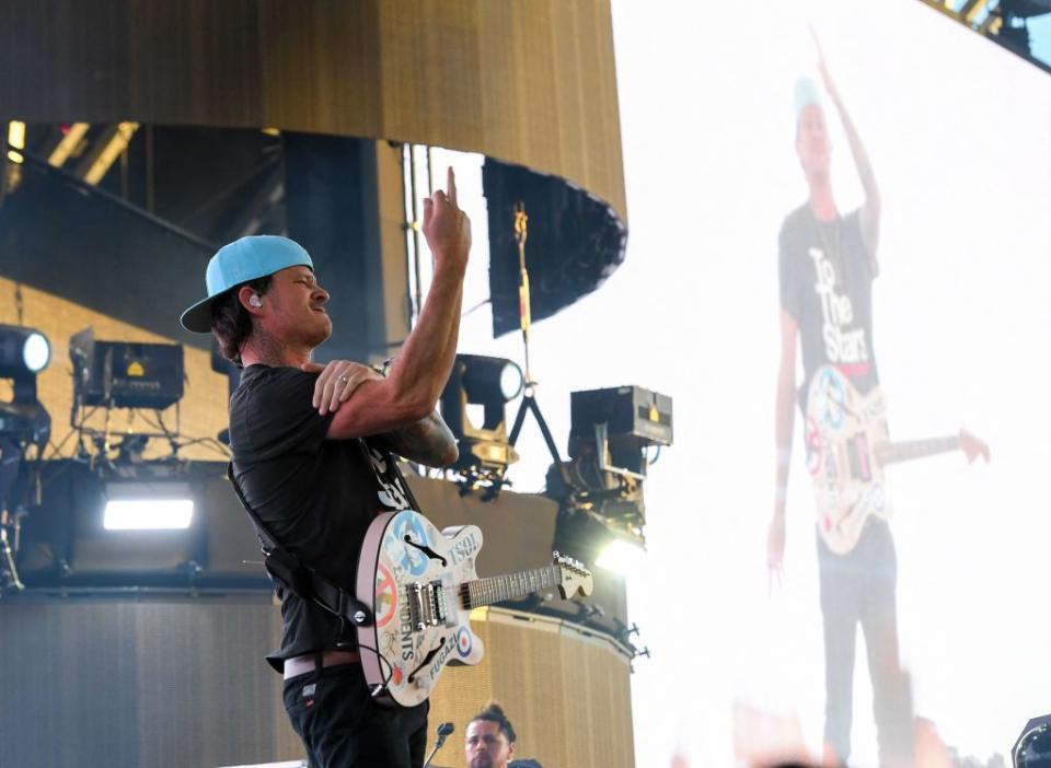 Guitarist and co-lead vocalist Tom DeLonge from Blink-182 performs during the first week-end of Coachella Valley Music and Arts Festival in Indio, California, on April 14, 2023. (Photo by VALERIE MACON / AFP) (Photo by VALERIE MACON/AFP via Getty Images)