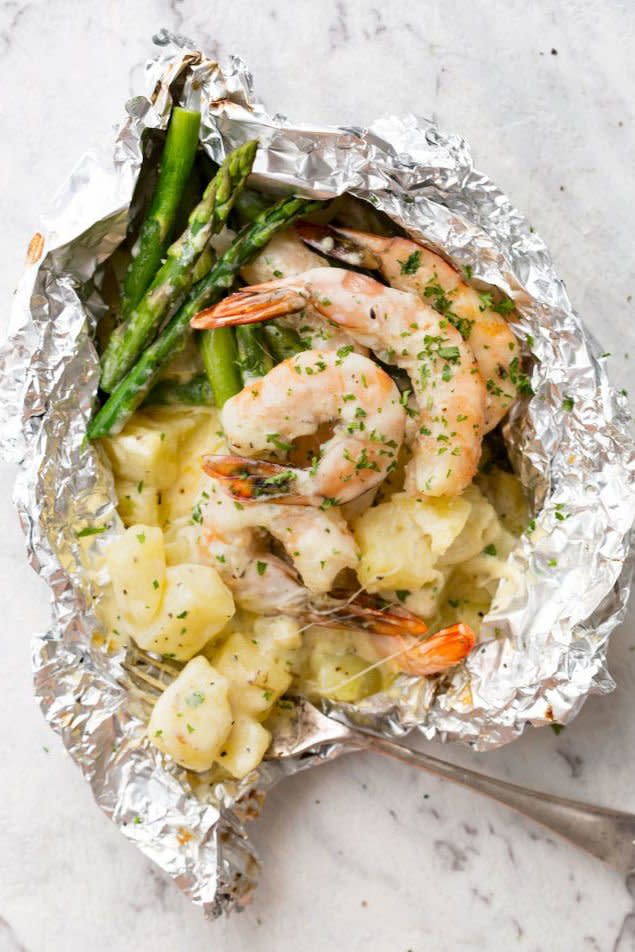 Creamy Garlic Prawns and Cheesy Potato Foil Packets