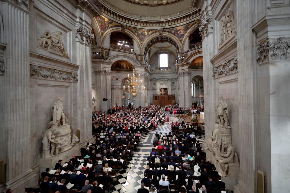 Guests attend the National Service of Thanksgiving for The Queen's reign at Saint Paul's Cathedral in London on June 3, 2022 as part of Queen Elizabeth II's platinum jubilee celebrations. - Queen Elizabeth II kicked off the first of four days of celebrations marking her record-breaking 70 years on the throne, to cheering crowds of tens of thousands of people. But the 96-year-old sovereign's appearance at the Platinum Jubilee -- a milestone never previously reached by a British monarch -- took its toll, forcing her to pull out of a planned church service. (Photo by PHIL NOBLE / POOL / AFP) (Photo by PHIL NOBLE/POOL/AFP via Getty Images)