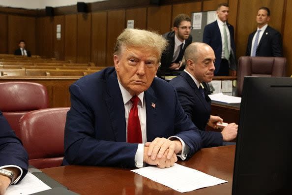 NEW YORK, NEW YORK - APRIL 15: Former U.S. President Donald Trump attends the first day of his trial for allegedly covering up hush money payments at Manhattan Criminal Court on April 15, 2024 in New York City. Trump was charged with 34 counts of falsifying business records last year, which prosecutors say was an effort to hide a potential sex scandal, both before and after the 2016 presidential election. Trump is first former U.S. president to face trial on criminal charges. (Photo by Jefferson Siegel-Pool/Getty Images)