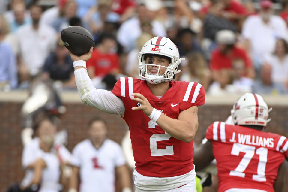 Mississippi quarterback Jaxson Dart (2) releases a pass during the first half of an NCAA college football game against Mercer in Oxford, Miss., Saturday, Sept. 2, 2023. (AP Photo/Thomas Graning)