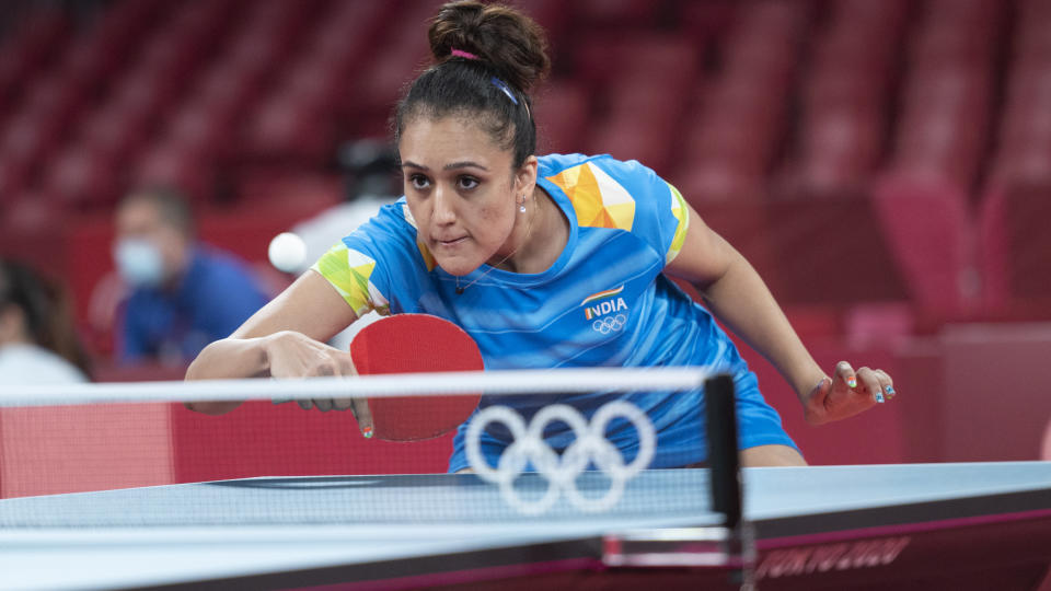 India's Manika Batra in action at the 2020 Summer Olympics, Saturday, July 24, 2021, in Tokyo, Japan. (AP Photo/Kyusung Gong)