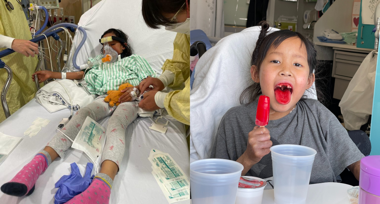 strep a, split screen of taitlyn ma, 7-year-old BC girl in hospital, amputated right leg after strep a infection