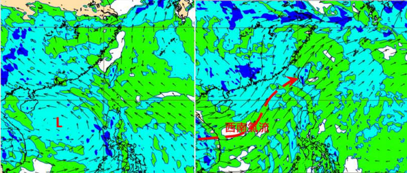 最新(8日20時)歐洲(ECMWF)模式模擬850百帕風場圖顯示，周五（11日）20時南海有「熱帶擾動」（左圖L）發展。下周一（14日）20時「西南氣流」增強並已抵達台灣（右圖）。（圖／翻攝自「三立準氣象· 老大洩天機」專欄）