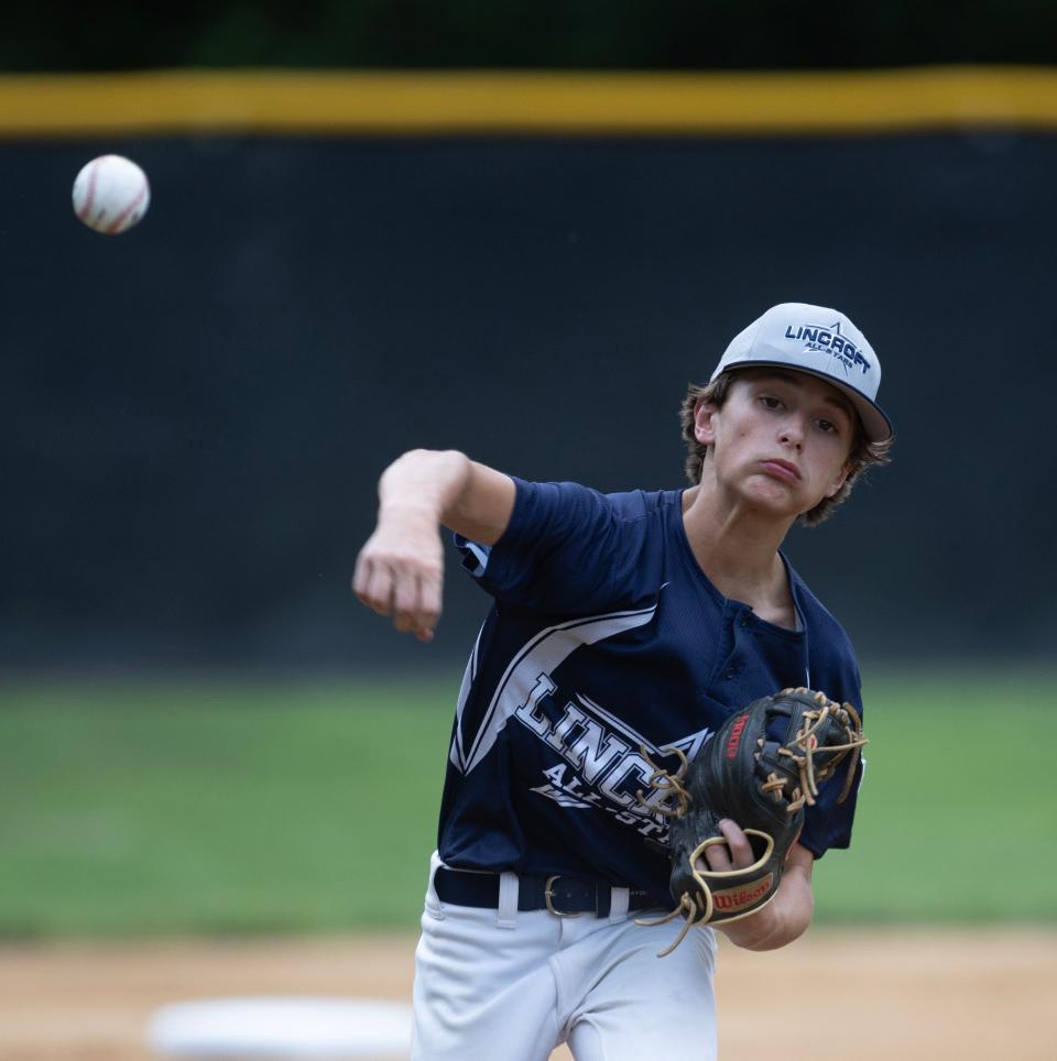 Lincroft starting pitcher Dean Cerminaro. Holbrook Little League defeats Lincroft 5-0 in Sectional Tournament in Yardville, NJ on July 14, 2023. 