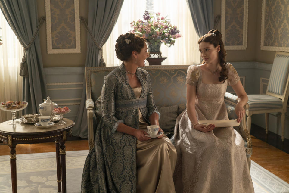 (L to R) Ruth Gemmell as Lady Violet Bridgerton, Hannah Dodd as Francesca Bridgerton in episode 301 of Bridgerton.<p>Liam Daniel/Netflix © 2024</p>