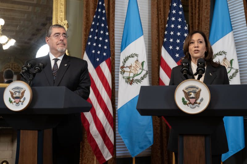 Vice President Kamala Harris announces the Biden administration's "Root Causes Strategy" on Monday before meeting with President Bernardo Arévalo of Guatemala, to address the causes of irregular migration. The two met at the Vice President's Ceremonial Office in the Eisenhower Executive Office Building on the White House Campus in Washington, D.C. Photo by Ron Sachs/UPI