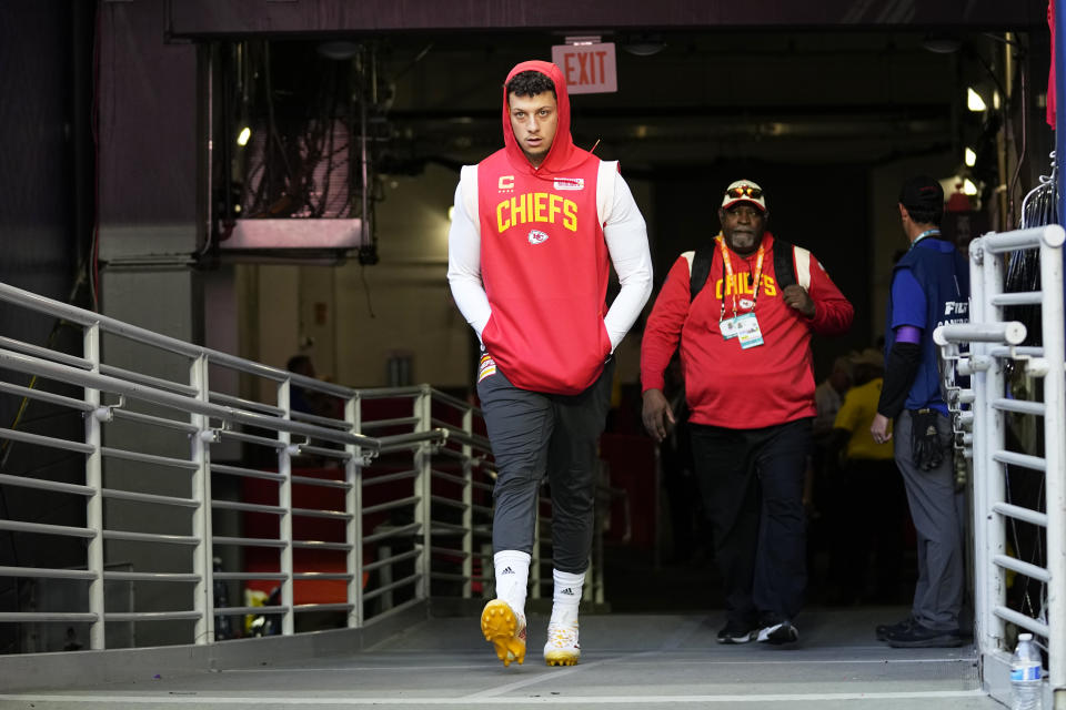 Kansas City Chiefs quarterback Patrick Mahomes arrives for the NFL Super Bowl 57 football game between the Kansas City Chiefs and the Philadelphia Eagles, Sunday, Feb. 12, 2023, in Glendale, Ariz. (AP Photo/Abbie Parr)