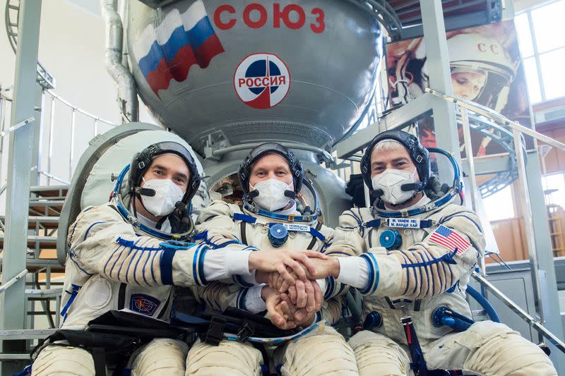 FILE PHOTO: Crew members attend a training session ahead of their expedition to the International Space Station in Star City