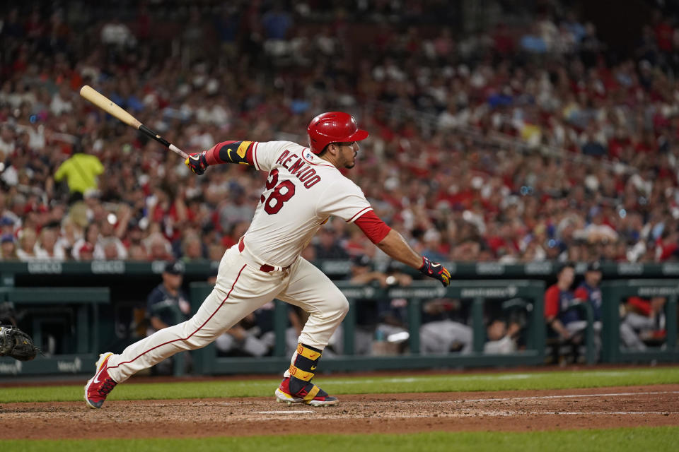 St. Louis Cardinals' Nolan Arenado singles during the seventh inning of a baseball game against the Atlanta Braves Saturday, Aug. 27, 2022, in St. Louis. (AP Photo/Jeff Roberson)