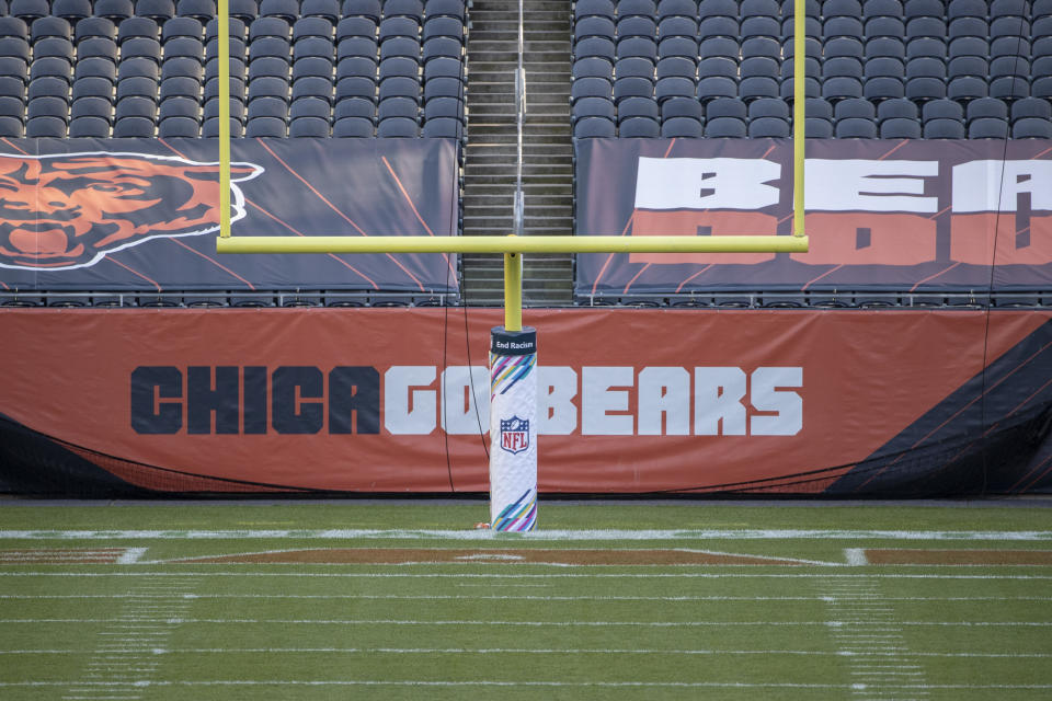 The NFL logo is seen on a goalpost at Soldier Field ahead of an NFL football game between the Chicago Bears and Tampa Bay Buccaneers on Thursday, October 8, 2020 in Chicago.  (AP Photo/Kamil Krzhachinsky)