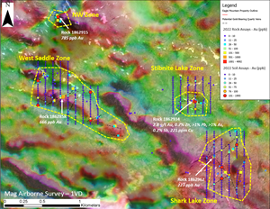 Compilation of assay results from rock (grab and float) and soil sample data overlying First Vertical Derivative (1VD) imagery from the 2021 airborne magnetic survey (25m). The 2021 airborne geophysical survey aided in defining and extending previously mapped structural features from the 1980s. Four highly prospective zones have been defined with gold-bearing systems that are interpreted to extend up to 1 kilometre.