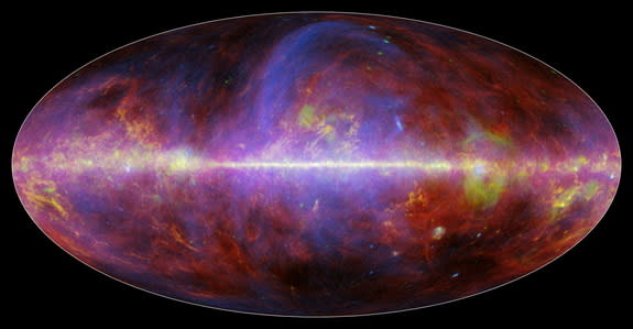 A view of the Milky Way galaxy in microwaves, captured by the European Space Agency's Planck satellite. The different colors correspond to different elements, including gas, dust, and energetic particles.