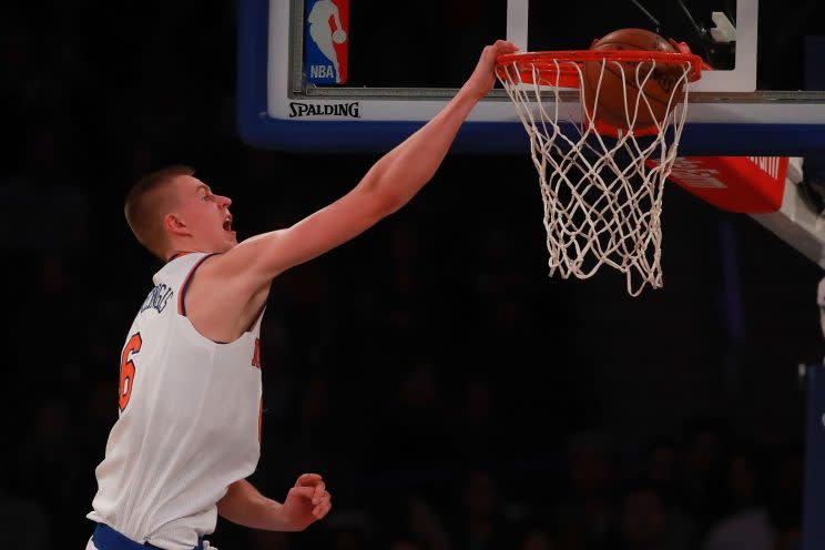 A particularly cantankerous fan base is counting on Kristaps Porzingis to save them. (Getty Images)