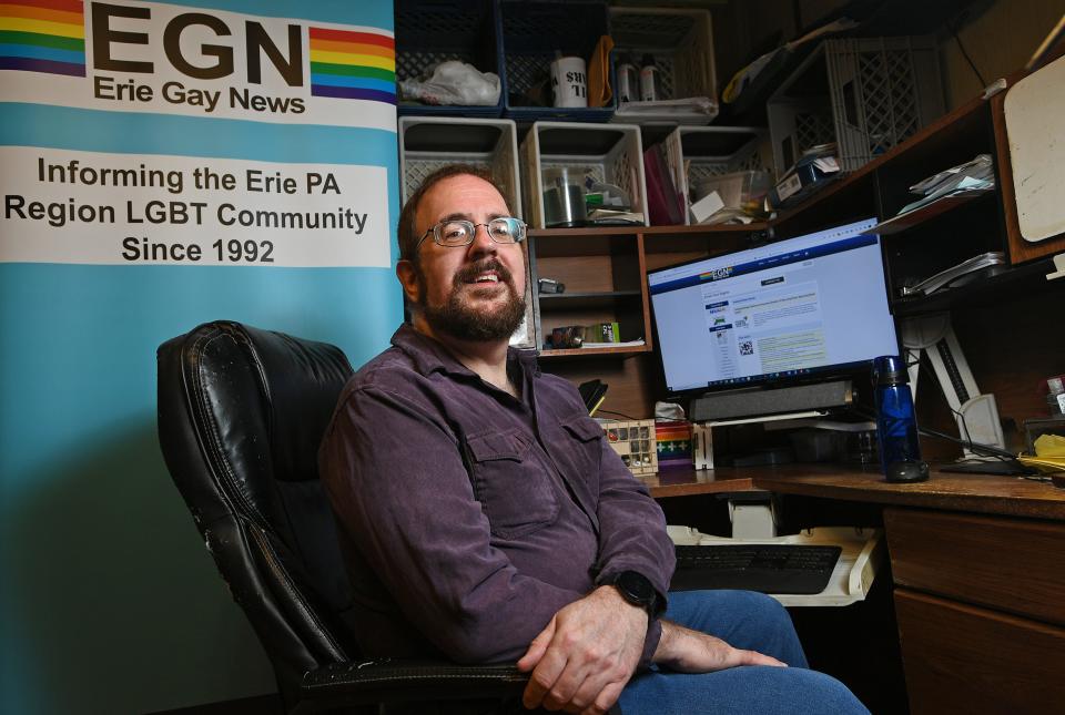 This file photo shows Michael Mahler, then 57, in his home office in Erie, on Oct. 2, 2020. He produces the monthly Erie Gay News newsletter and website, of which he is the editor. Mahler founded the EGN in December 1992.