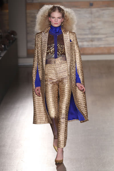 <b>LFW AW13: L'Wren Scott</b><br><br>Metallics were a key trend on the catwalk.<br><br>© Getty