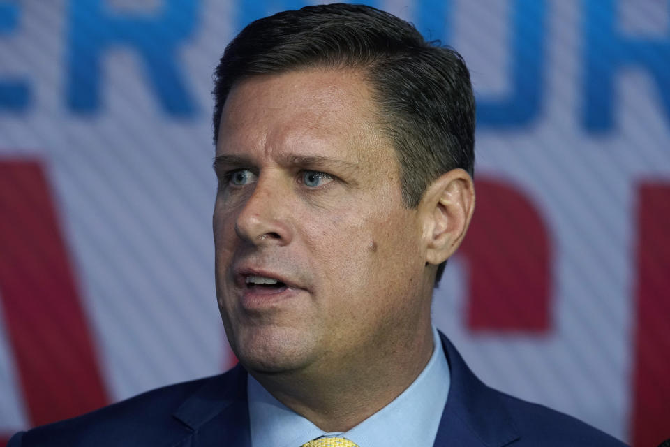 Massachusetts Republican gubernatorial candidate Geoff Diehl talks with reporters following a televised debate, Wednesday, Oct. 12, 2022, in Needham, Mass. Diehl faces with Mass. Attorney General and Democratic gubernatorial candidate Maura Healey in the general election. (AP Photo/Steven Senne, File)