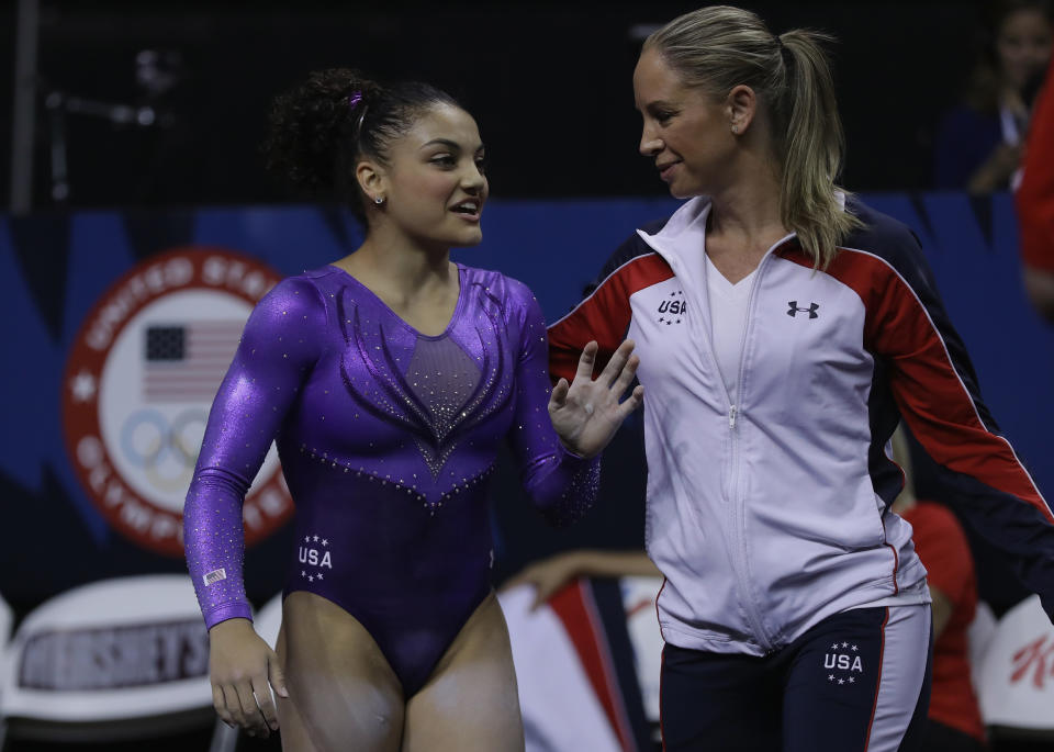 SAN JOSE, CA - JULY 08:  Lauren Hernandez with Maggie Haney after competing on the balance beam during day 1 of the 2016 U.S. Olympic Women's Gymnastics Team Trials at SAP Center on July 8, 2016 in San Jose, California.  (Photo by Ronald Martinez/Getty Images)