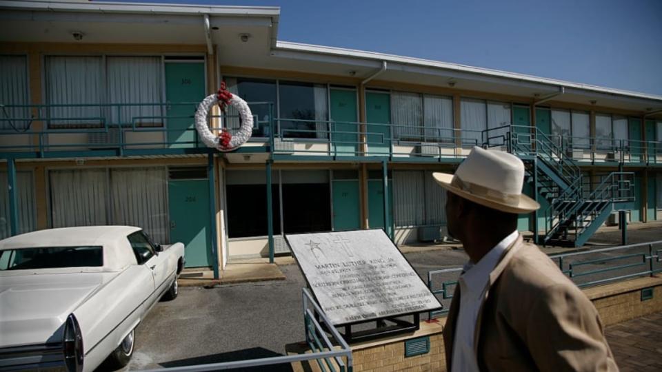 A marker sits at the Lorraine Motel in Memphis, Tennessee, where Dr. Martin Luther King, Jr. was assassinated on April 4, 1968. The site is now part of the National Civil Rights Museum. (Photo: Brooks Kraft/Getty Images)