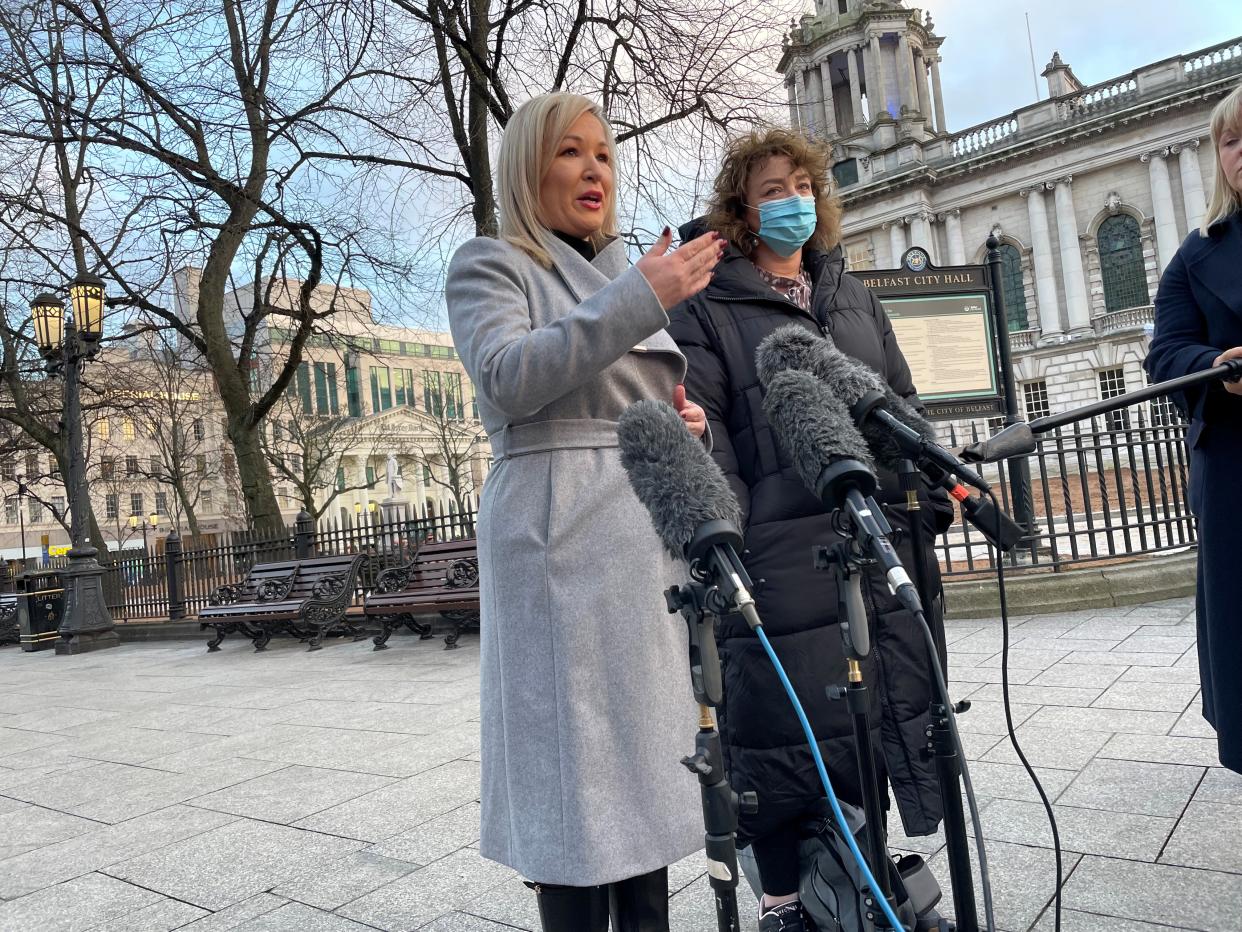 Deputy First Minister Michelle O’Neill with Sinn Fein MLA Caral ni Chuilin at the Belfast vigil (Jonathan McCambridge/PA)