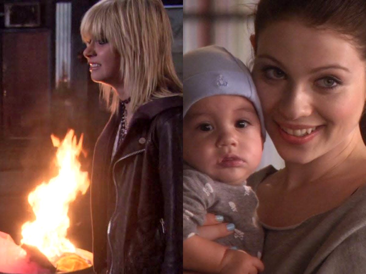 jenny standing next to a fire on gossip girl georgina holding a baby on gossip girl