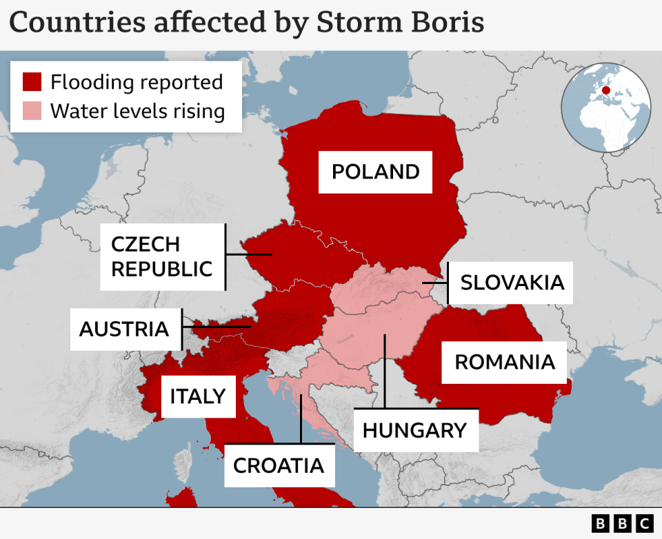 A map of central Europe showing reports of floods in Poland, Czech republic, Romania and Austria, with Hungary and Slovakia also marked as "water levels rising".