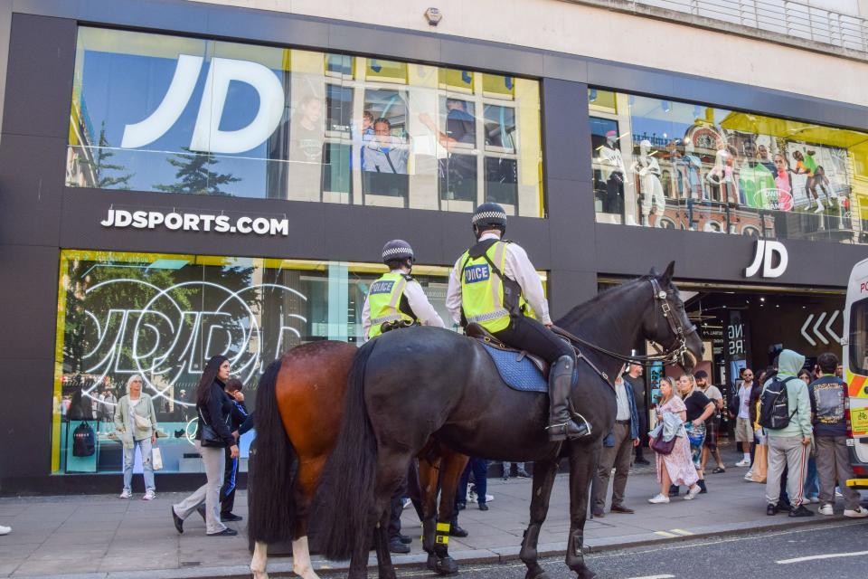 Mounted police were called to Oxford Street in August after a social media post reportedly organised a mass shoplifting event in the central London shopping street. (Sipa US/Alamy Live News)