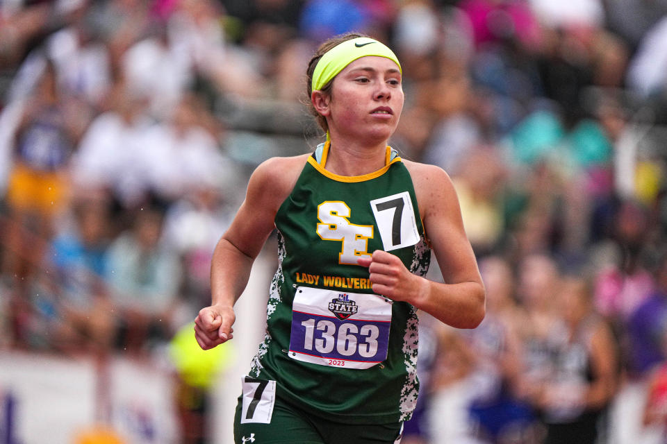Springlake Earth’s Taytum Goodman competes in the 1600-meter run during the Class 1A UIL State track and field meet on Saturday, May 13, 2023, at Mike A. Myers Stadium in Austin.