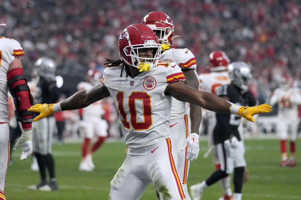 Kansas City Chiefs running back Isiah Pacheco celebrates after scoring during the second half of an NFL football game against the Las Vegas Raiders Saturday, Jan. 7, 2023, in Las Vegas. (AP Photo/John Locher)