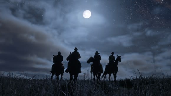 Four cowboys on horseback under a full moon in Red Dead Redemption 2.