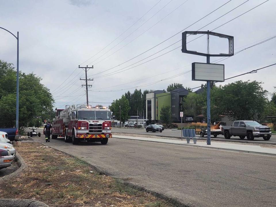 A Boise Fire Department truck prepares to leave the scene at the old Salvation Army building on State Street.