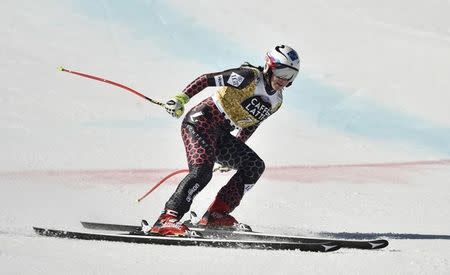 Mar 15, 2017; Aspen, CO, USA; Tina Weirather of Liechstenstein reacts in the finish area after the women's downhill alpine skiing race in the 2017 Audi FIS World Cup Finals at Aspen Mountain. Mandatory Credit: Michael Madrid-USA TODAY Sports