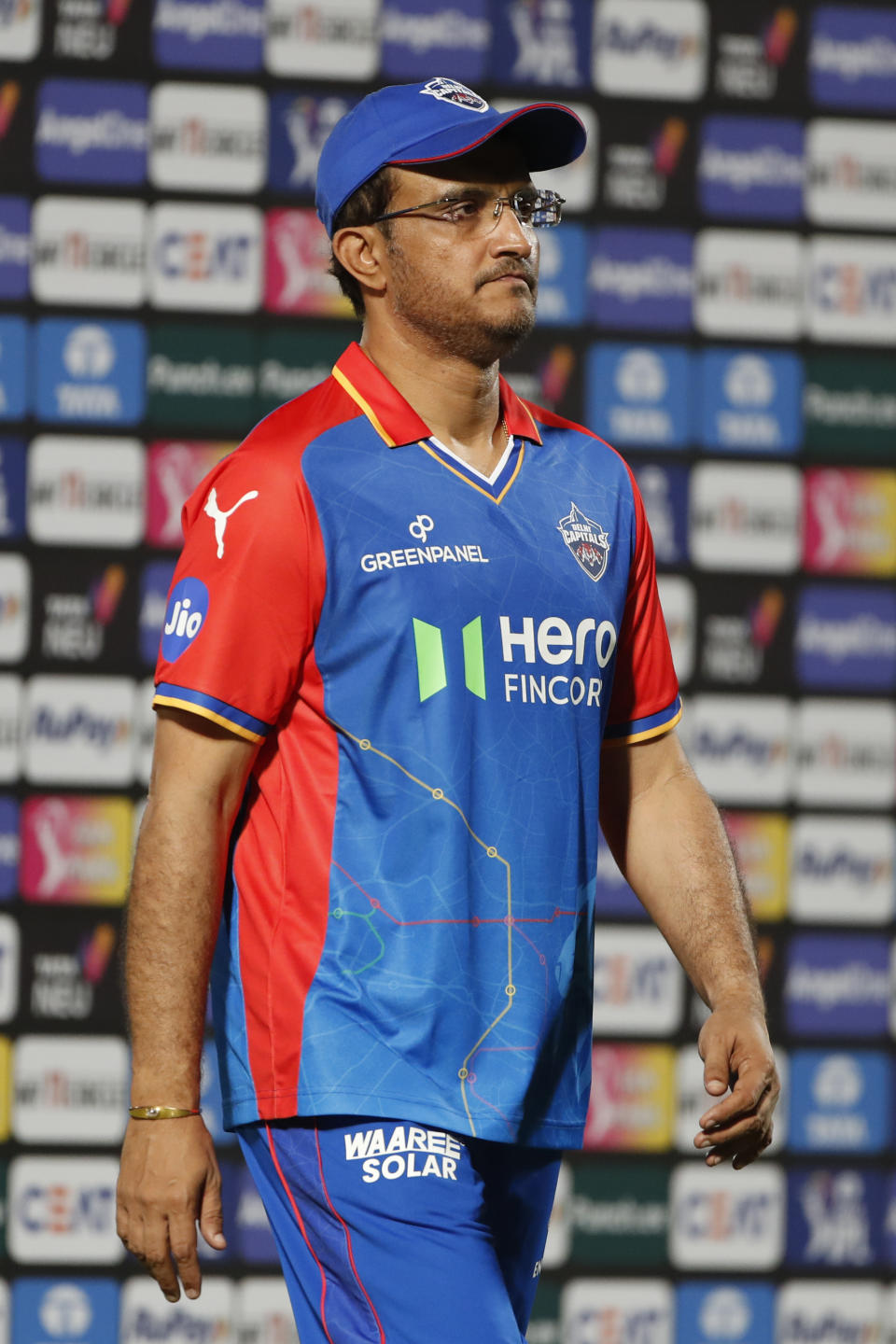 Delhi Capitals' Director of Cricket Sourav Ganguly stand during the awards ceremony at the end of the Indian Premier League cricket match between Delhi Capitals and Chennai Super Kings in Visakhapatnam, India, Sunday, March. 31, 2024.(AP Photo/ Surjeet Yadav))