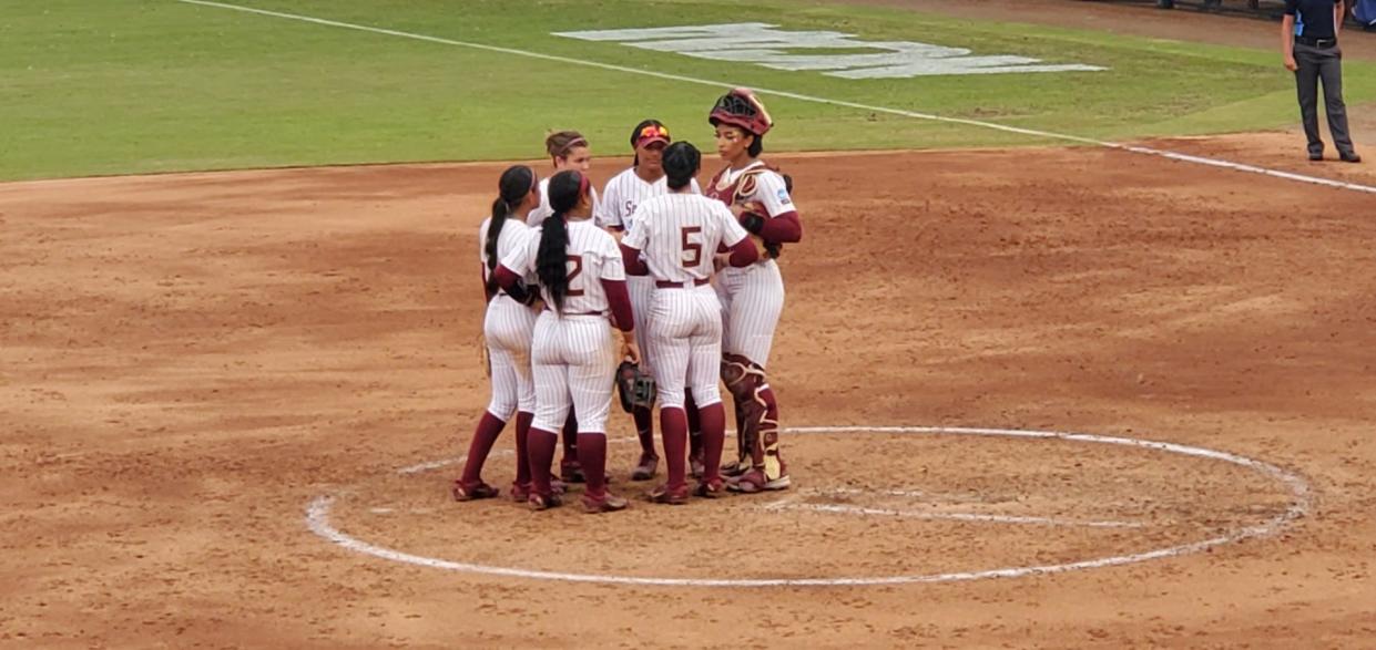 FSU softball comes together to regroup at the circle during the opening round of the Tallahassee Regional against Chattangooga.