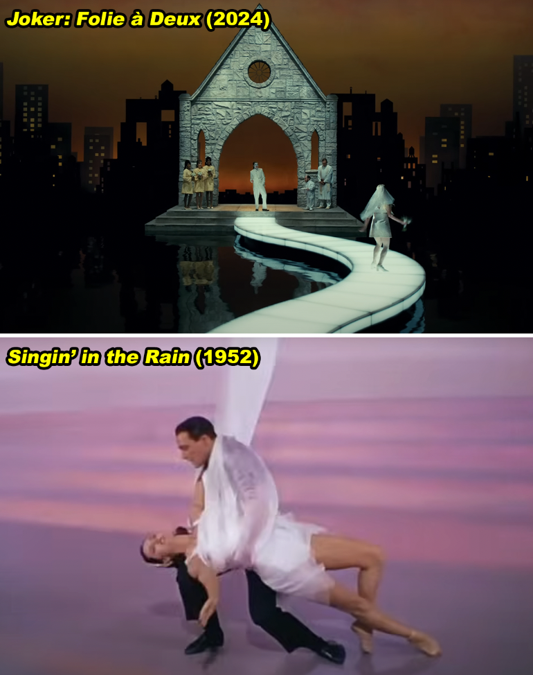 Two scenes from films: top image from "Joker," bottom is a dance from "Singin' in the Rain."