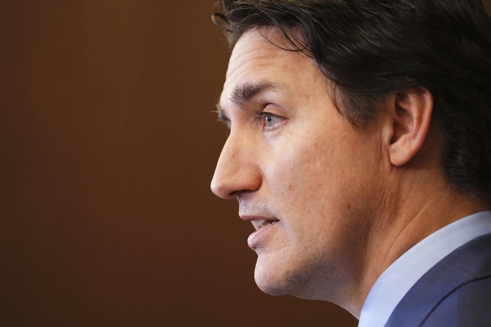 Canadian Prime Minister Justin Trudeau apologizes for the events surrounding Ukraine President Volodomyr Zelenskyy's visit at a media availability in Ottawa, Ontario, on Wednesday, Sept. 27, 2023. Trudeau apologized Wednesday for Parliament’s recognition of Yaroslav Hunka, who fought alongside the Nazis during last week’s address by Zelenskyy. (Sean Kilpatrick/The Canadian Press via AP)