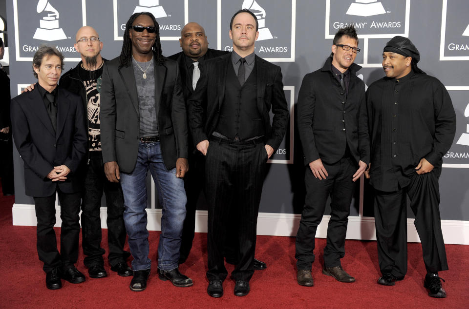 FILE - Members of the Dave Matthews Band, Tim Reynolds, Jeff Coffin, Boyd Tinsley, Rashawn Ross, Dave Matthews, Stefan Lessard and Carter Beauford arrive at the Grammy Awards in Los Angeles on Jan. 31, 2010. The band are among the 2024 nominees for induction into the Rock & Roll Hall of Fame. (AP Photo/Chris Pizzello, File)