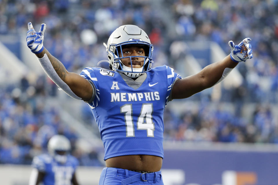 Memphis' Antonio Gibson pumps up the crowd in December against Cincinnati at the American Athletic Conference championship game. (AP Photo/Mark Humphrey)