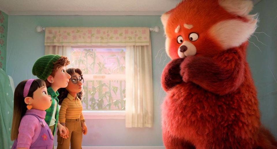 WE’VE GOT YOUR (FLUFFY) BACK – In Disney and Pixar’s all-new original feature film “Turning Red,” everything is going great for 13-year-old Mei—until she begins to “poof” into a giant panda when she gets too excited. Fortunately, her tightknit group of friends have her fantastically fluffy red panda back. Featuring the voices of Rosalie Chiang, Ava Morse, Maitreyi Ramakrishnan and Hyein Park as Mei, Miriam, Priya and Abby, “Turning Red” will debut exclusively on Disney+ (where Disney+ is available) on March 11, 2022. © 2022 Disney/Pixar. All Rights Reserved.