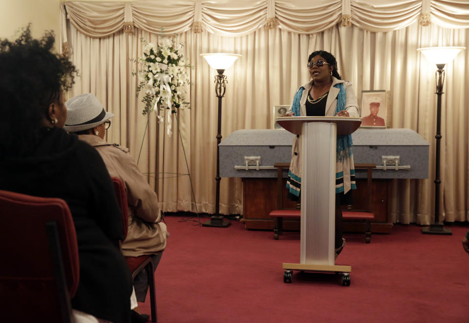 Cheryl Warner, the sister of Jerome Murdough, delivers remarks during his funeral at the Cobbs Funeral Chapel, in the Queens borough of New York, Friday, April 25, 2014. A modest family funeral was held for 56-year-old Jerome Murdough, a homeless former Marine who was found dead more than two months ago in an overheated New York City jail cell. (AP Photo/Richard Drew)