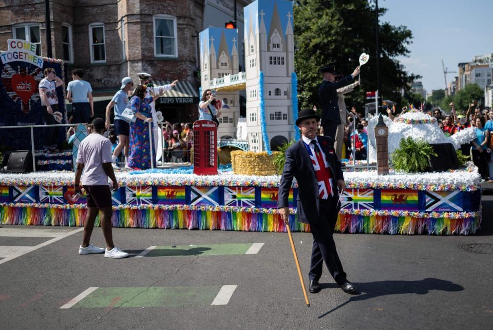 Members from the British embassy and community march down the road during the Capital Pride Festival in Washington, DC, on June 10, 2023 (AFP via Getty Images)