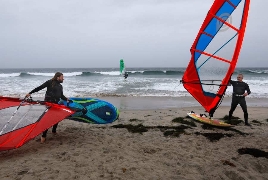 San Diego - August 20: Windsurfers take advantage of high winds from Tropical Storm Hilary in Mission Beach on Sunday, August 20, 2023 in San Diego, CA. (K.C. Alfred/The San Diego Union-Tribune via AP)