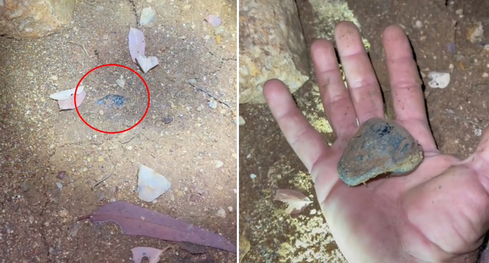 Seen hidden in the dirt is an 834-carat Australian sapphire. Source: TikTok