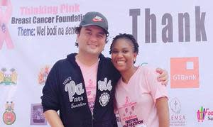 AMI’s Dr. Ryan Azcueta, and AMISL’s Kadie-Yatta Kallon pose for a photo at the 2018 Thinking Pink Breast Cancer Foundation’s half marathon.