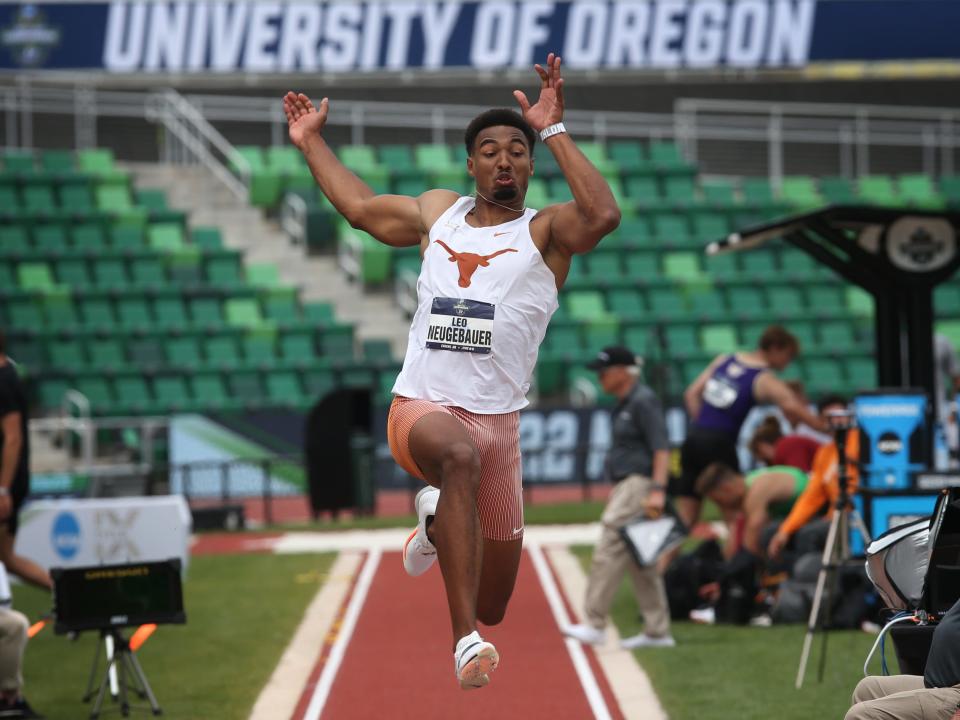 Texas' Leo Neugebauer wins the decathlon long jump during the first day of the NCAA Outdoor Track & Field Championships Wednesday June 8, 2022 at Hayward Field in Eugene, Ore.