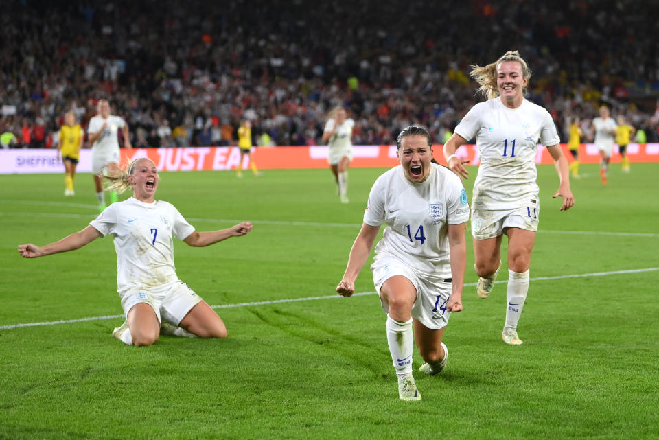 SHEFFIELD, ENGLAND - JULY 26:  Fran Kirby of England celebrates with team mates after scoring their team's fourth goal during the UEFA Women's Euro 2022 Semi Final match between England and Sweden at Bramall Lane on July 26, 2022 in Sheffield, England. (Photo by Shaun Botterill/Getty Images)