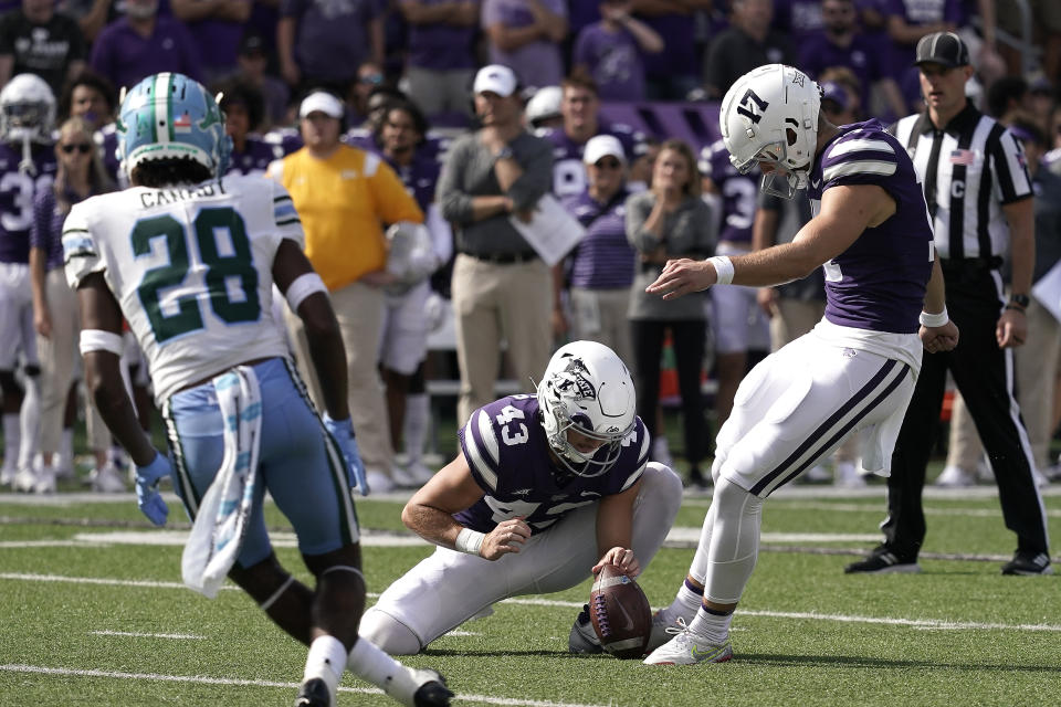 Kansas State place kicker Chris Tennant (17) kicks a field goal during the first half of an NCAA college football game against Tulane Saturday, Sept. 17, 2022, in Manhattan, Kan. (AP Photo/Charlie Riedel)