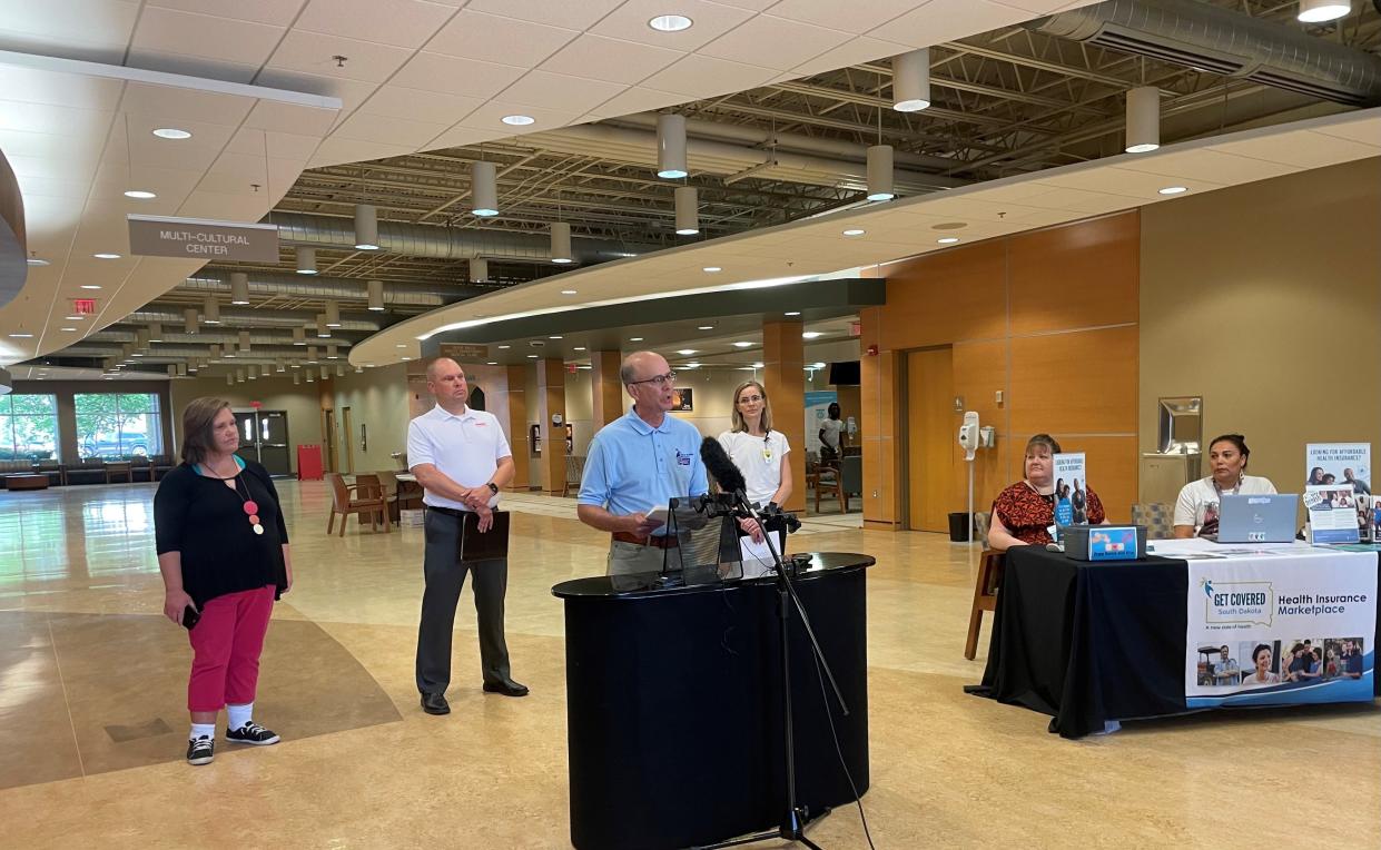 Dan Johnson, an orthopedic surgeon from Yankton, speaks about Medicaid expansion at the Falls Community Clinic in Sioux Falls on June 1, 2023.