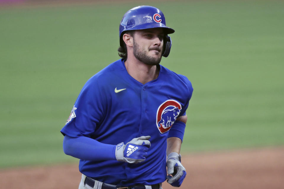 FILE - Chicago Cubs' Kris Bryant runs the bases after hitting a solo home run in the sixth inning during a baseball game against the Cleveland Indians in Cleveland, in this Wednesday, Aug. 12, 2020, file photo. Bryant is among roughly 125 players who entered Friday, Jan. 15, 2021, eligible to exchange salary arbitration figures with their teams. (AP Photo/Tony Dejak, File)