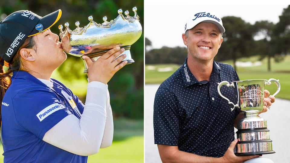 Pictured here, previous winners of the women's and men's Australian Open golf tournaments.